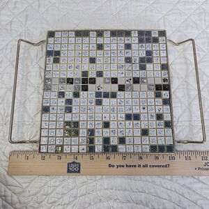 Vintage Blue Mosaic Tile Trivet Hot Plate Mid Century Modern Metal Holder